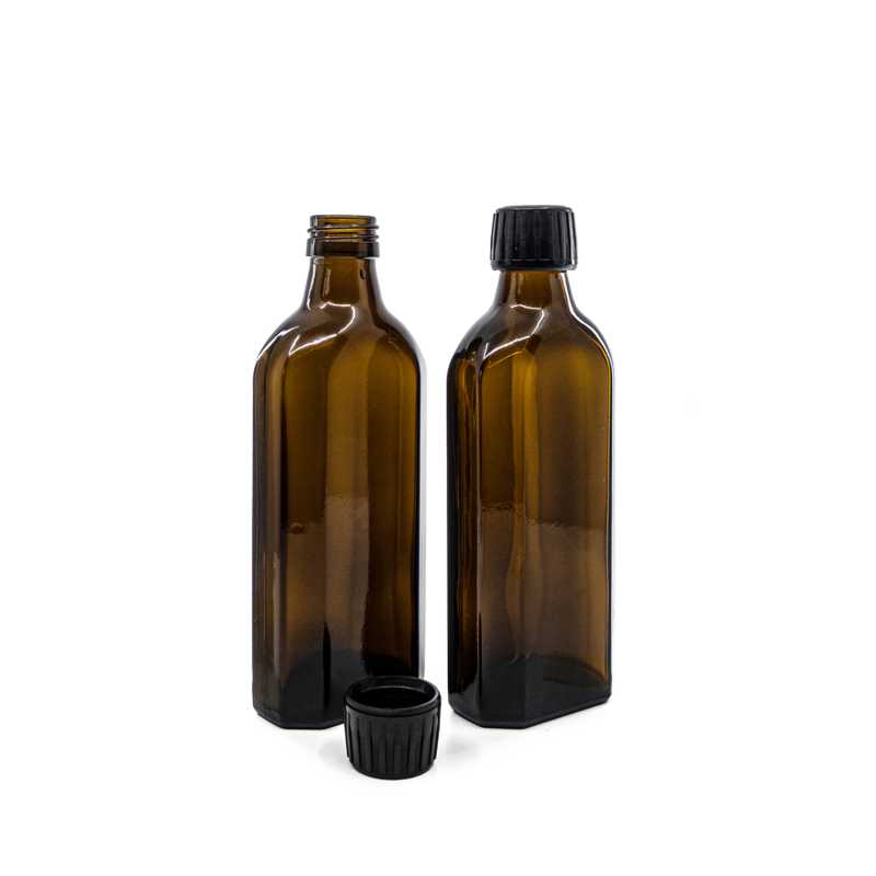 Skleněná láhev na léčiva hnědá, plochá, PP28S, černý uzávěr, 250 ml
