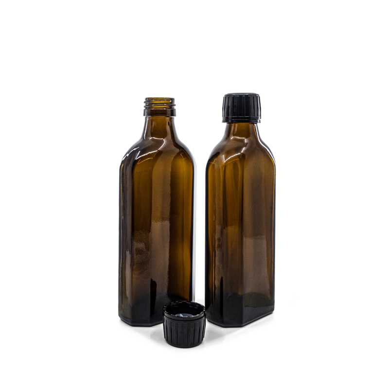 Skleněná láhev na léčiva, hnědá, plochá, PP28S, černý uzávěr s nalévací vložkou, 250 ml
