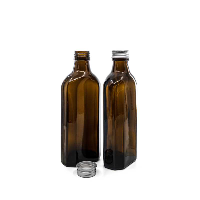 Skleněná láhev na léčiva, hranatá, PP28S, stříbrný hliníkový uzávěr, 250 ml