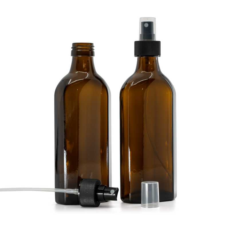 Skleněná lahvička, medicínská plochá, PP28S, plastový rozprašovač černý, vroubkovaný límec, 250 ml