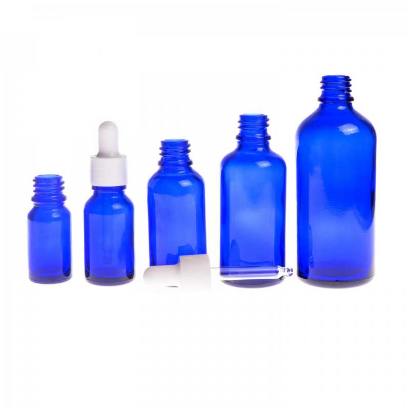 Skleněná lahvička, modrá, bílé lesklé kapátko, 50 ml