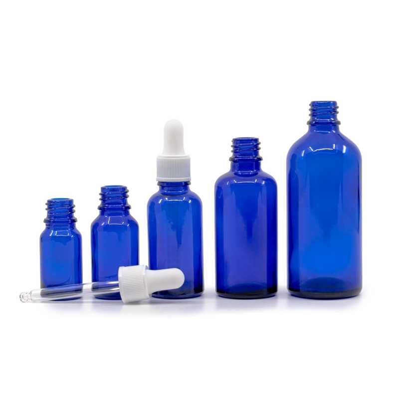 Skleněná láhev, modrá, kapátko matné bílé, 10 ml