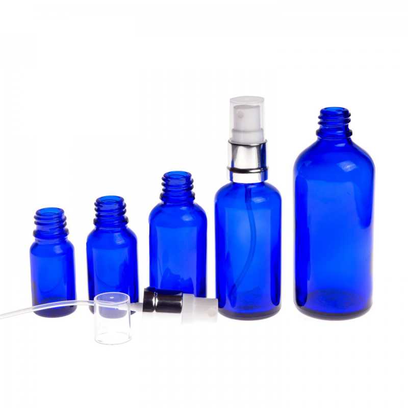 Skleněná lahvička, modrá, bílo-stříbrný sprej, 100 ml