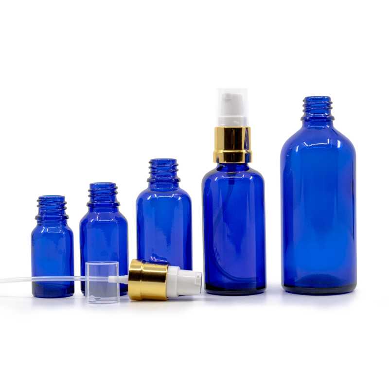 Skleněná láhev, modrá, bílo-zlatý lesklý dávkovač, 50 ml
