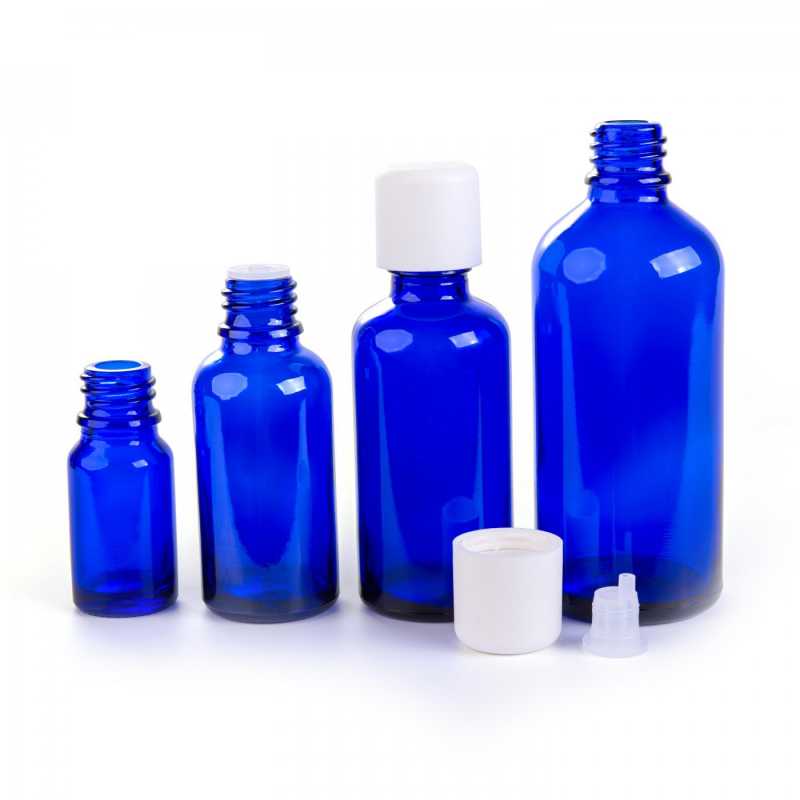 Skleněná láhev, modrá, bílé víčko s pojistkou, 50 ml