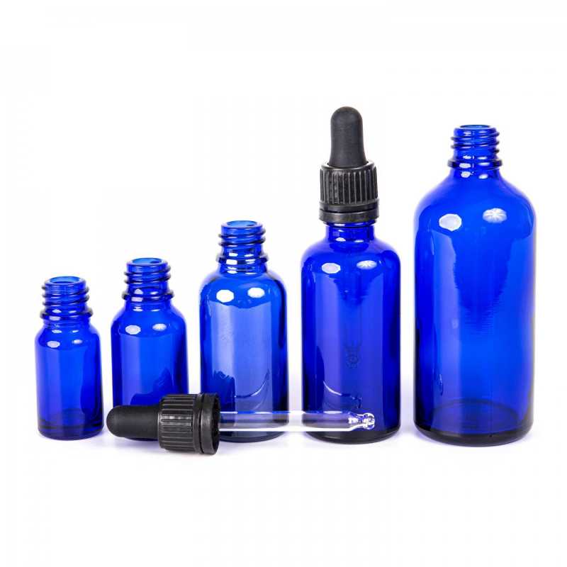 Skleněná lahvička, modrá, černé kapátko, 10 ml
