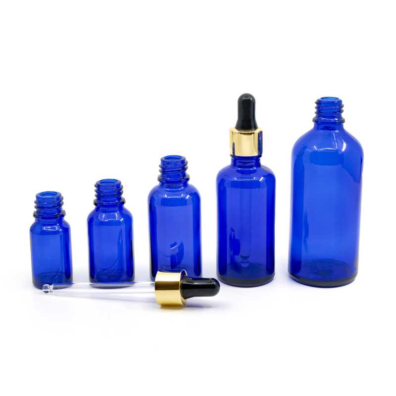Skleněná lahvička, modrá, černo-zlaté kapátko, 10 ml