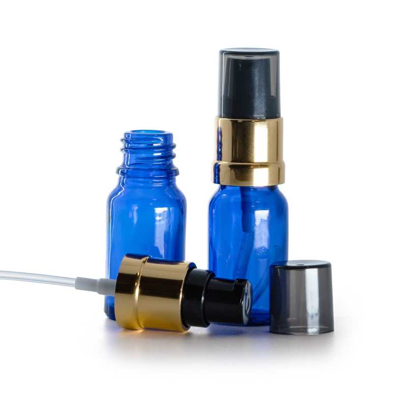Skleněná lahvička modrá, černo-zlatý lesklý dávkovač s dýmovým krytem, 10 ml