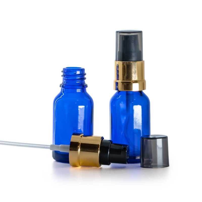 Skleněná lahvička, modrá, černo-zlatý lesklý dávkovač s dýmovým krytem, 15 ml