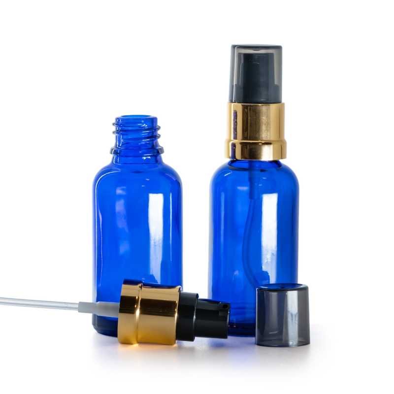 Skleněná lahvička, modrá, černo-zlatý lesklý dávkovač s dýmovým krytem, 30 ml