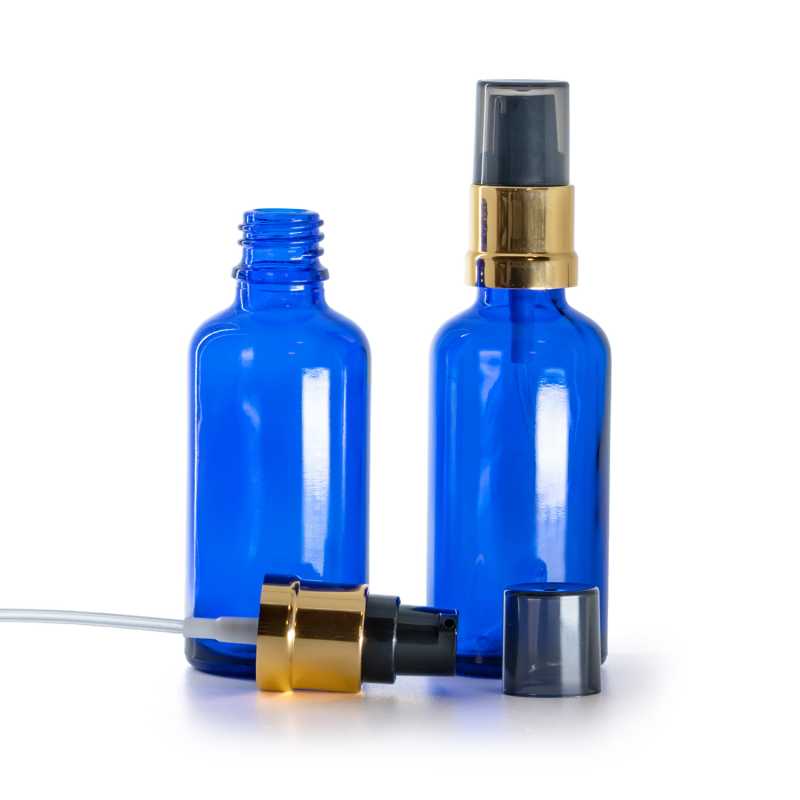 Skleněná lahvička, modrá, černo-zlatý lesklý dávkovač s dýmovým krytem, 50 ml