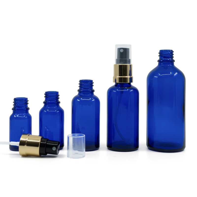 Skleněná lahvička, modrá, černo-zlatý sprej, 100 ml