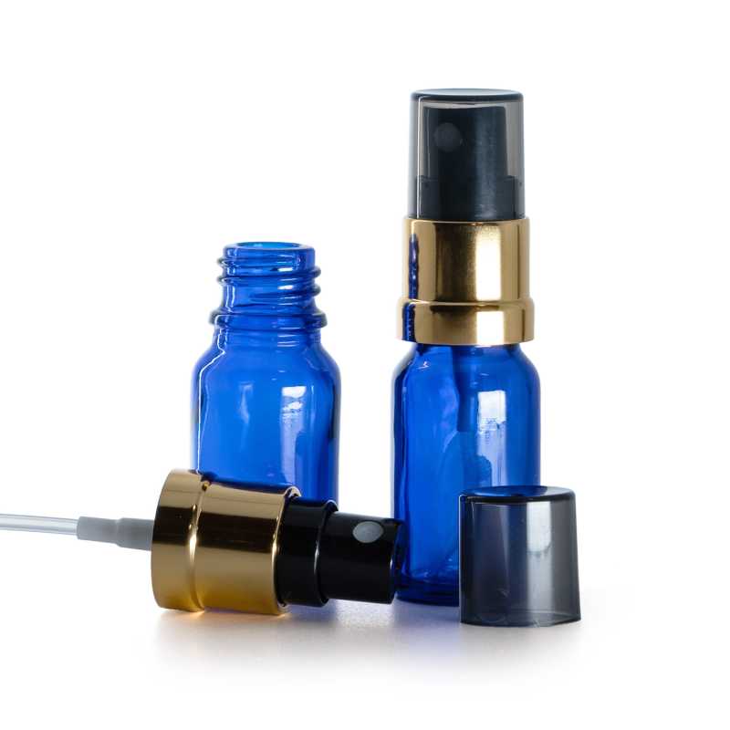 Skleněná lahvička modrá, černo-zlatý rozprašovač, dýmový kryt, 10 ml