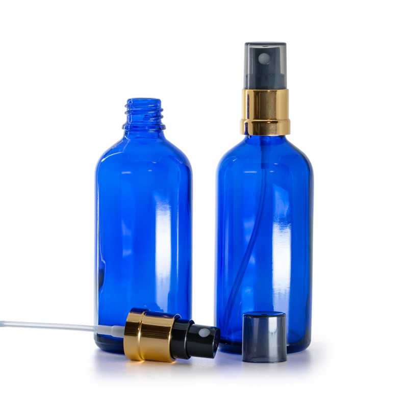 Skleněná lahvička modrá, černo-zlatý rozprašovač, dýmový kryt, 100 ml