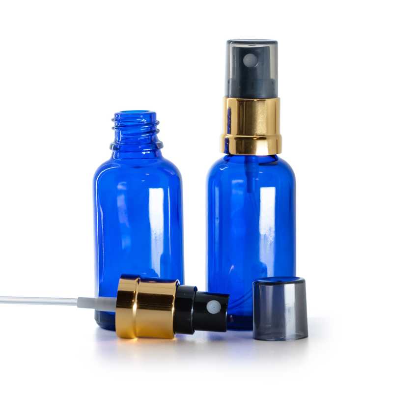 Skleněná lahvička, modrá, černo‑zlatý rozprašovač, dýmový kryt, 30 ml