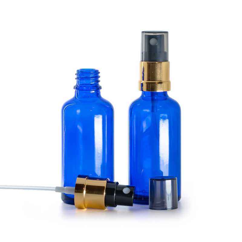 Skleněná lahvička, modrá, černo-zlatý rozprašovač, dýmový kryt, 50 ml