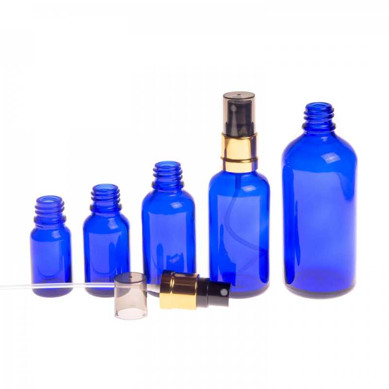 Skleněná lahvička, modrá, černo-zlatý sprej, kouřový vršek, 10 ml
