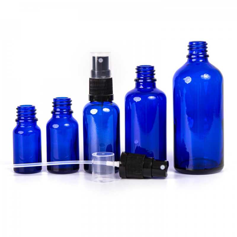 Skleněná lahvička, modrá, černý rozprašovač, 100 ml