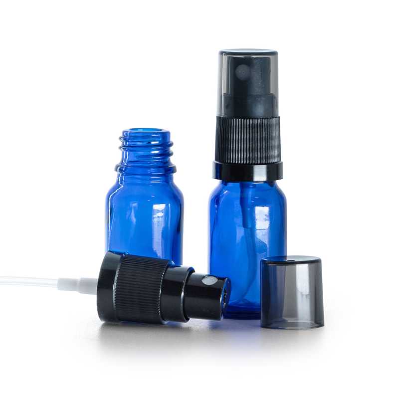 Skleněná lahvička modrá, černý rozprašovač s dýmovým krytem, 10 ml