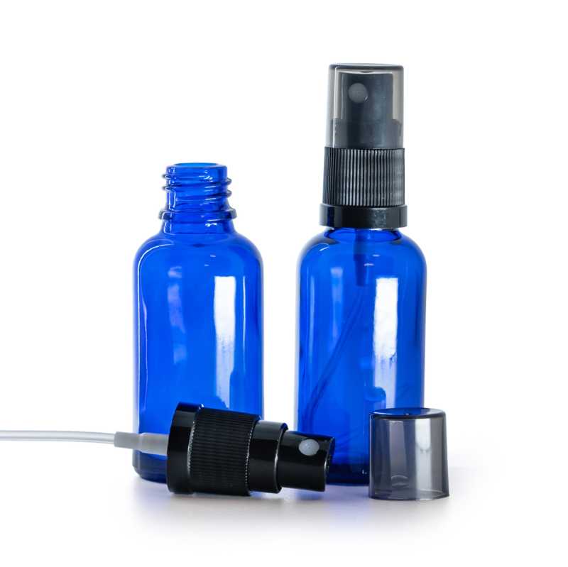 Skleněná lahvička modrá, černý rozprašovač, dýmový kryt, 30 ml