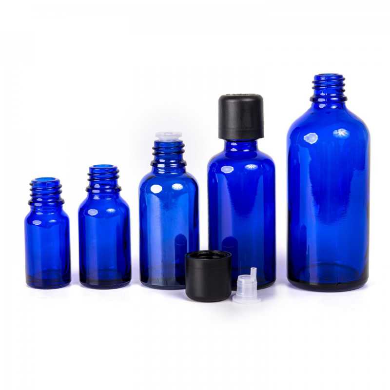 Skleněná lahvička, modrá, černé víčko s bezpečnostní pojistkou, 10 ml