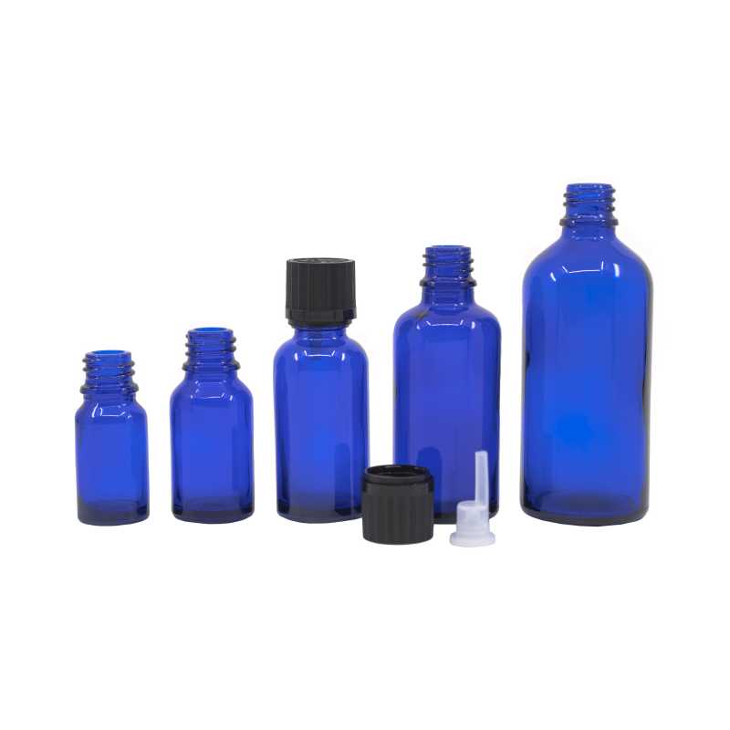 Skleněná láhev, modrá, černé vroubkované víčko s pojistkou, 50 ml