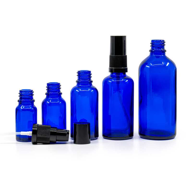 Skleněná láhev, modrá, dávkovač krému s černým víčkem, 100 ml
