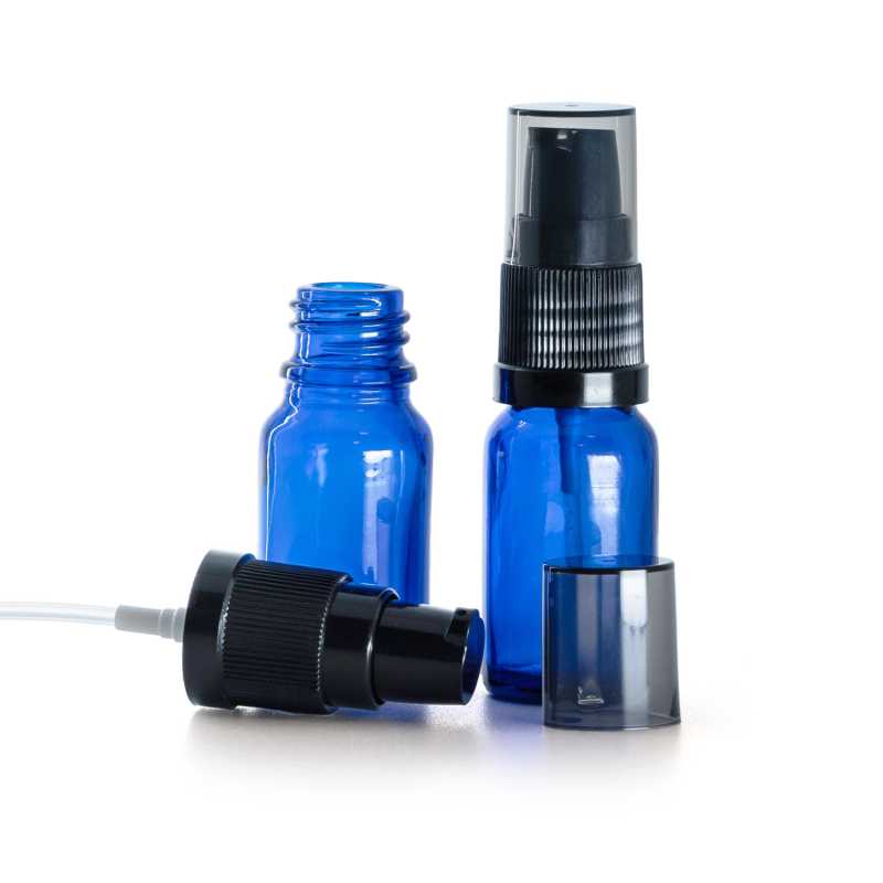 Skleněná lahvička modrá, dávkovač krémů s dýmovým krytem, 10 ml