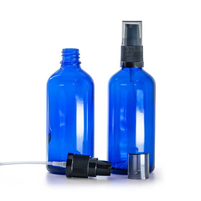 Skleněná lahvička modrá, dávkovač krémů s dýmovým krytem, 100 ml