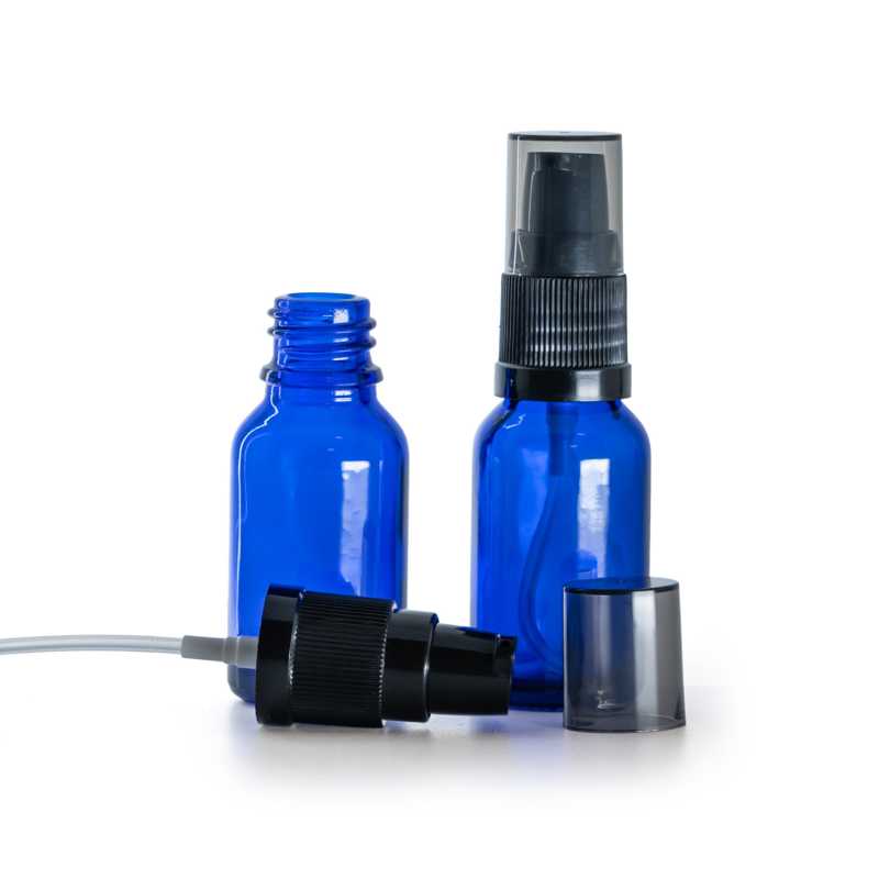 Skleněná lahvička modrá, dávkovač krémů s dýmovým krytem, 15 ml