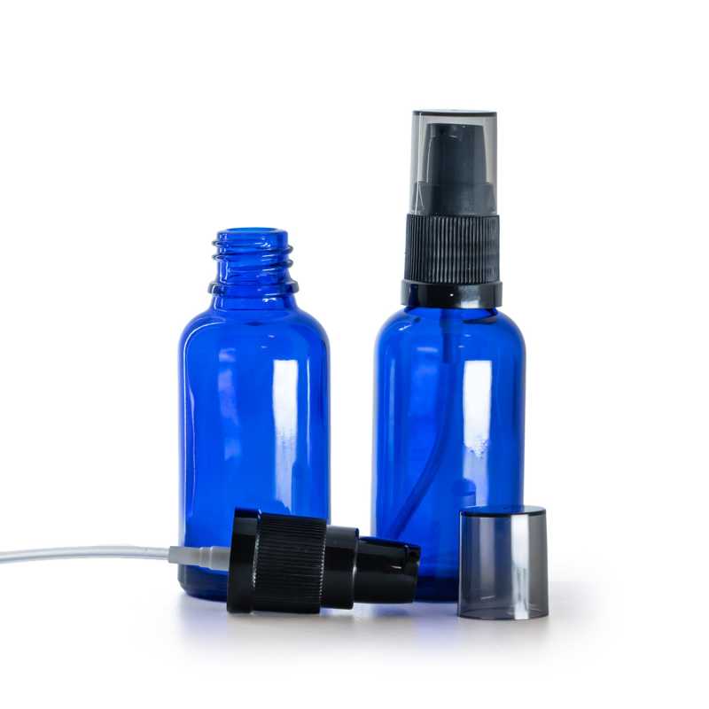 Skleněná lahvička modrá, dávkovač krémů s dýmovým krytem, 30 ml