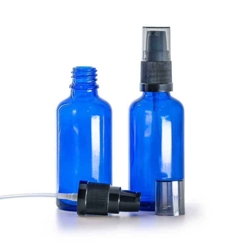 Skleněná lahvička modrá, dávkovač krémů s dýmovým krytem, 50 ml