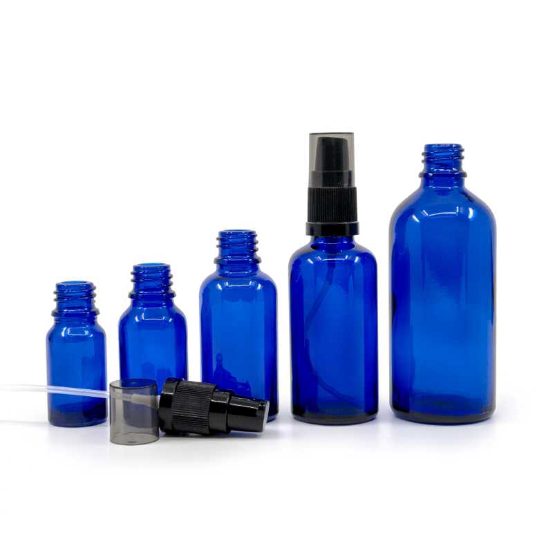Skleněná lahvička, modrá, dávkovač krému, kouřový vršek, 15 ml
