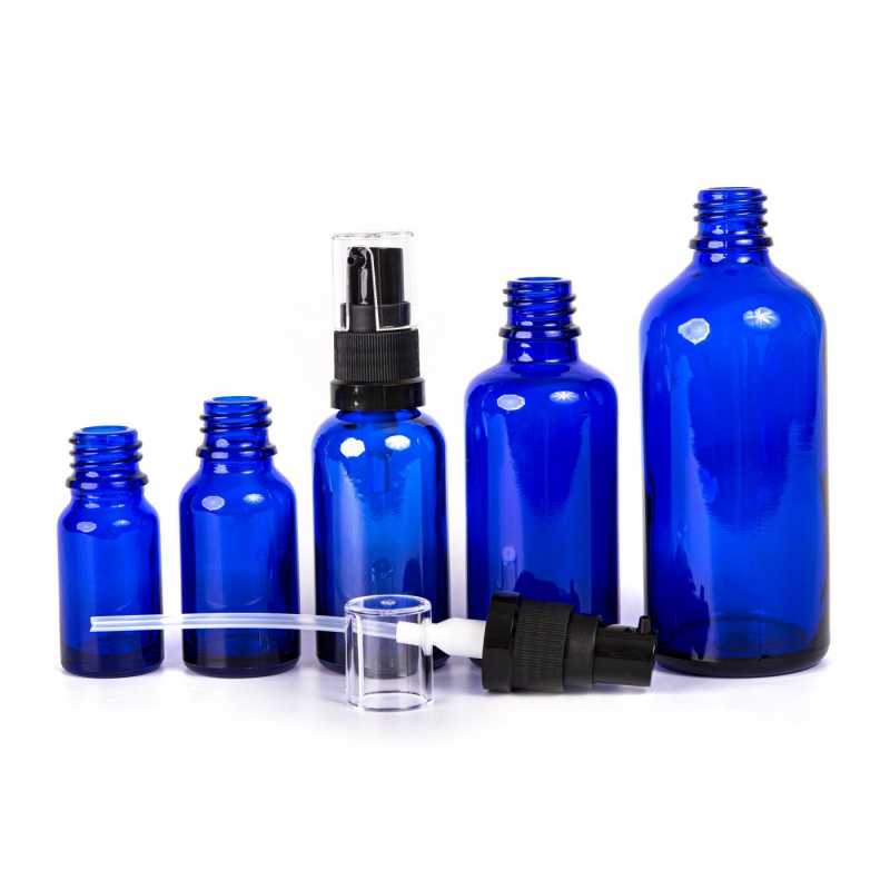 Skleněná láhev, modrá, dávkovač olejů, 30 ml