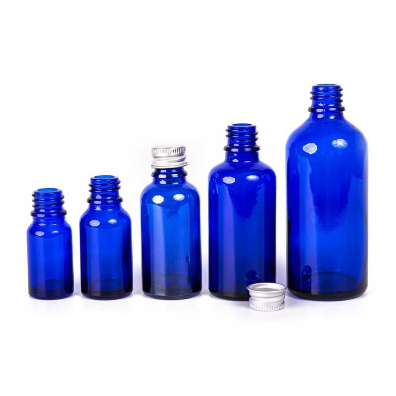 Skleněná láhev, modrá, hliníkový vrch, 50 ml