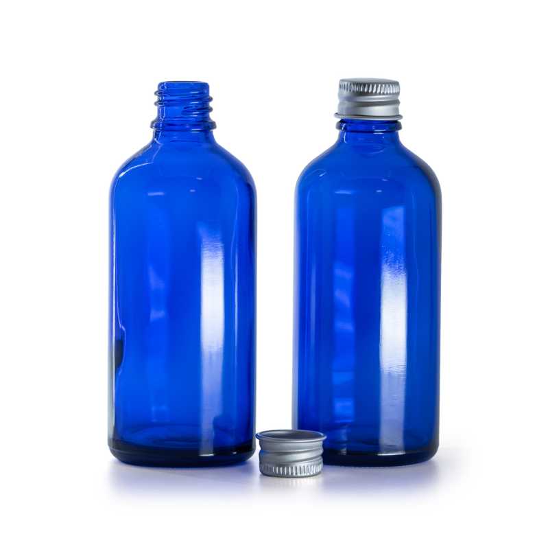 Skleněná lahvička, modrá, hliníkové víčko, 100 ml