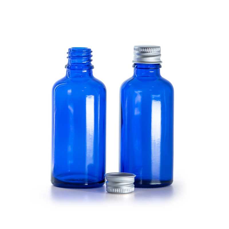 Skleněná lahvička, modrá, hliníkové víčko, 50 ml
