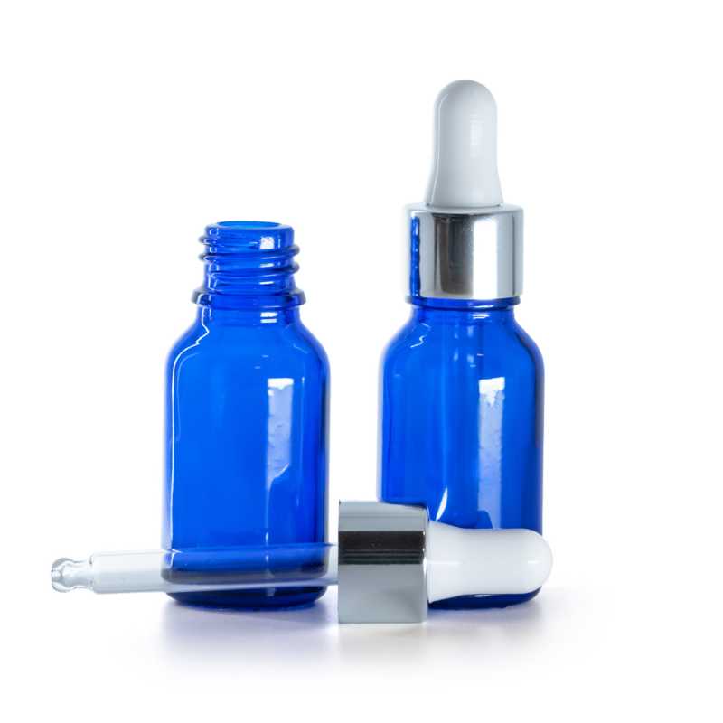 Skleněná modrá lahvička, lesklá stříbrná pipeta, 15 ml