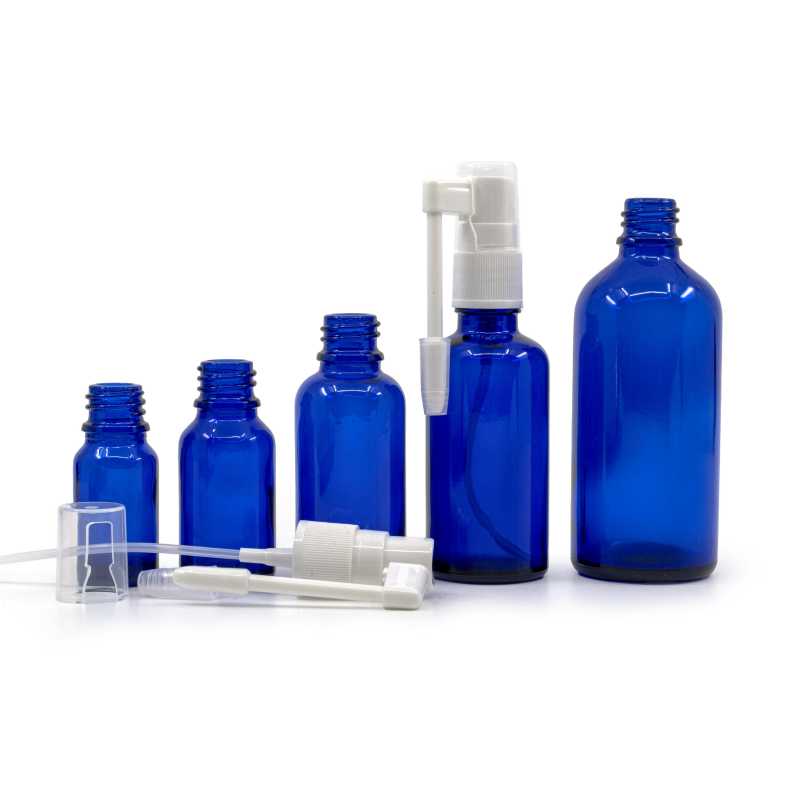 Skleněná láhev, modrá, sprej do hrdla, 100 ml