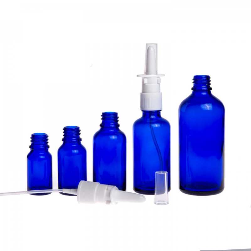 Skleněná láhev, modrá, sprej do nosu, 100 ml