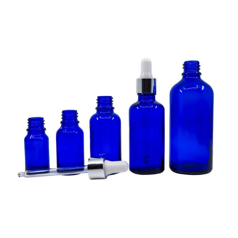 Skleněná lahvička, modrá, stříbrné lesklé kapátko, 50 ml