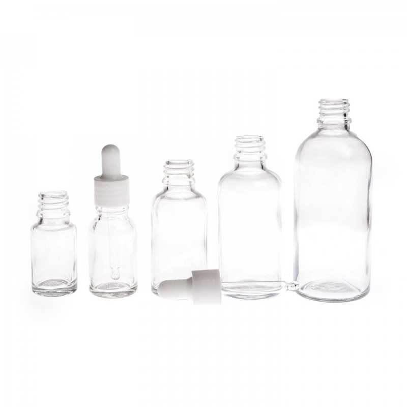 Skleněná lahvička, průhledná, bílé lesklé kapátko, 15 ml
