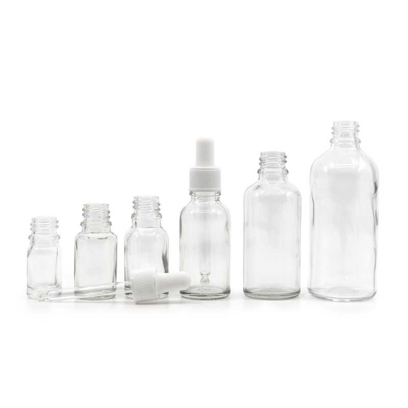 Skleněná lahvička, průhledná, bílé matné kapátko, 30 ml