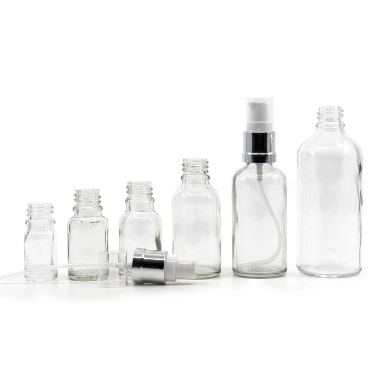 Skleněná láhev, průhledná, bílo-stříbrný lesklý dávkovač, 15 ml