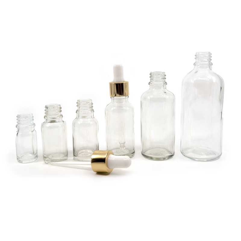 Skleněná lahvička, průhledná, bílo-zlaté kapátko, 50 ml