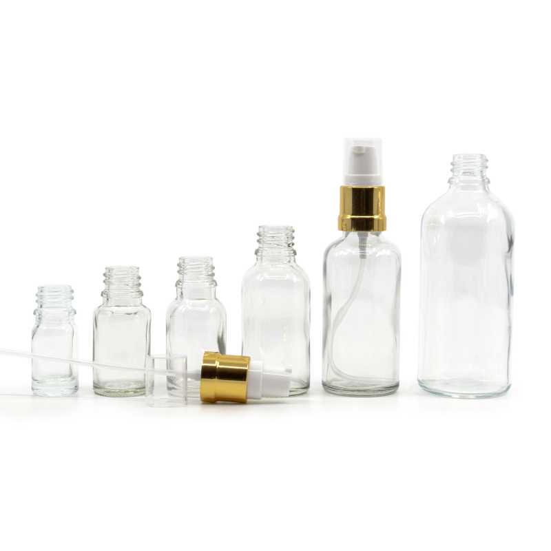 Skleněná láhev, průhledná, bílo-zlatý lesklý dávkovač, 15 ml