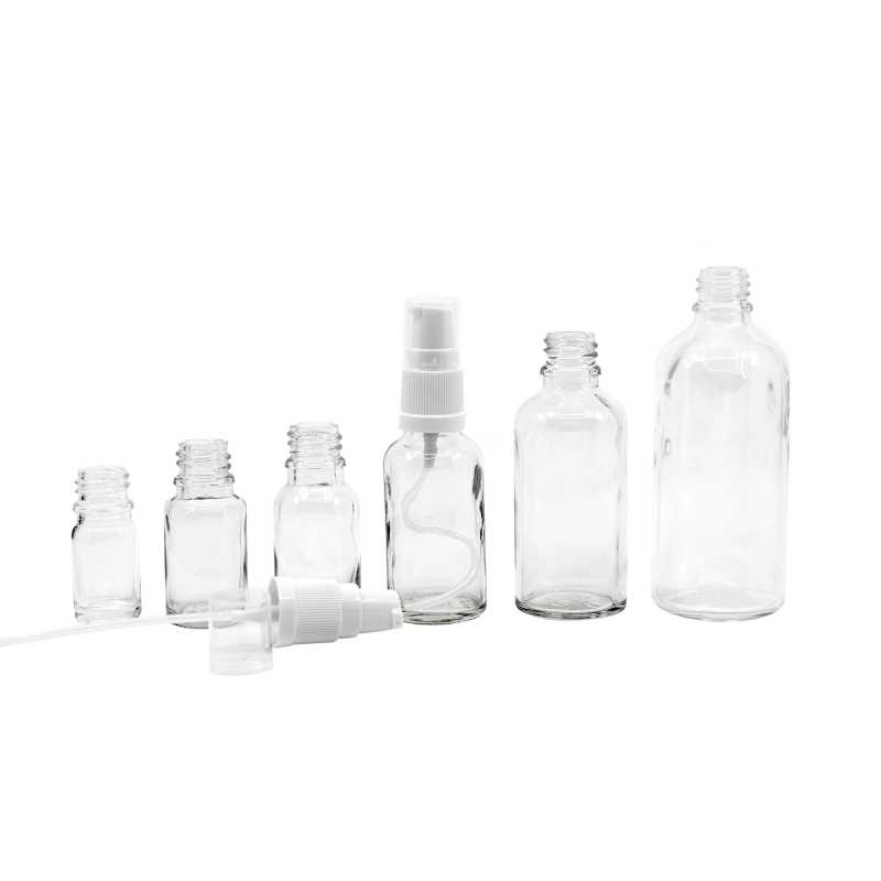 Skleněná láhev, průhledná, bílý dávkovač, 30 ml