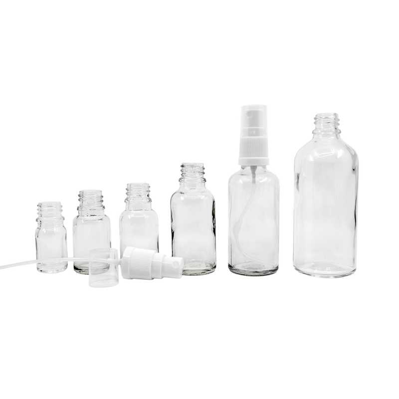 Skleněná láhev, průhledná, bílý rozprašovač, 100 ml