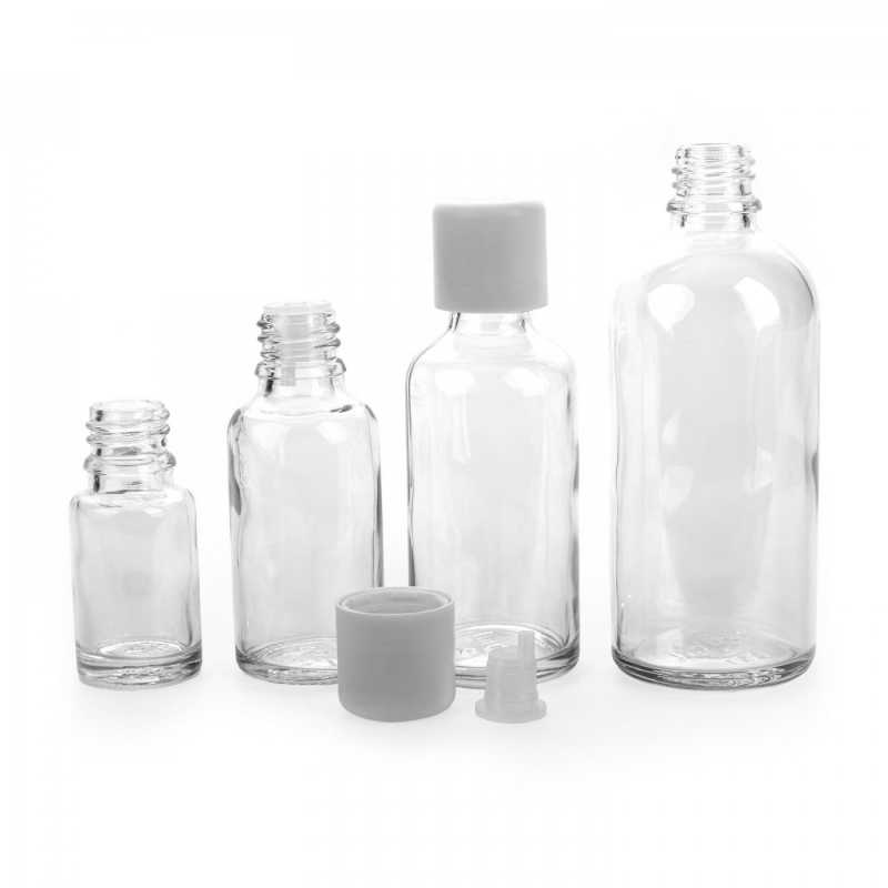 Skleněná láhev, průhledná, bílé víčko s bezpečnostním zámkem, 100 ml
