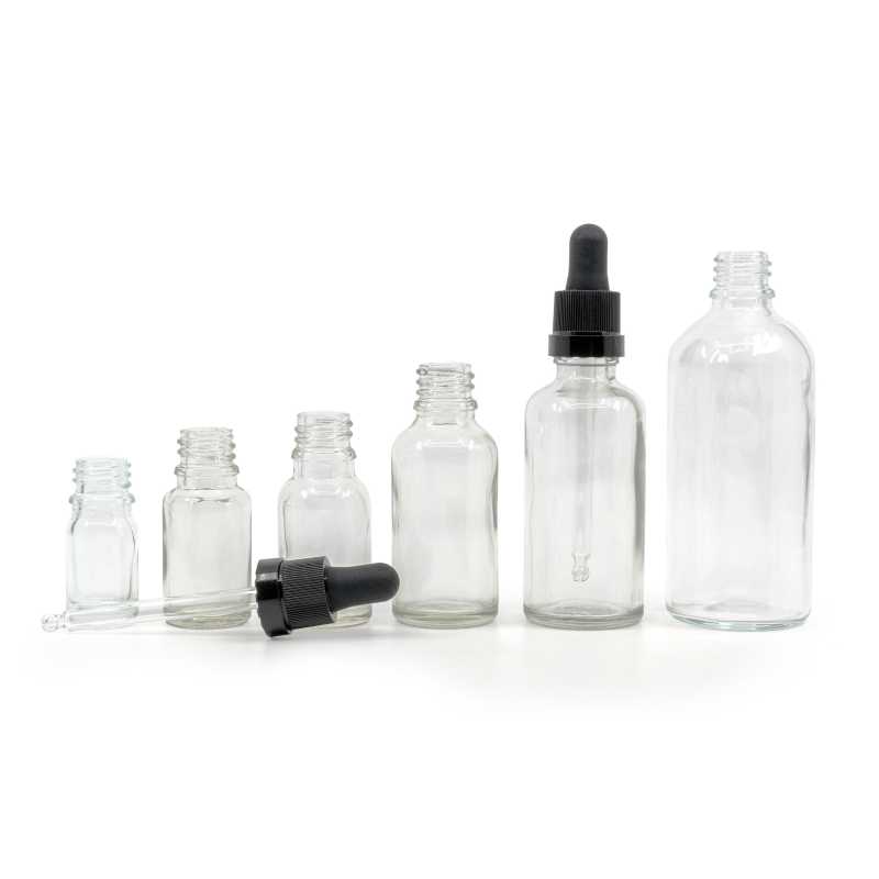 Skleněná lahvička, průhledná, černé kapátko s lesklým proužkem, 30 ml